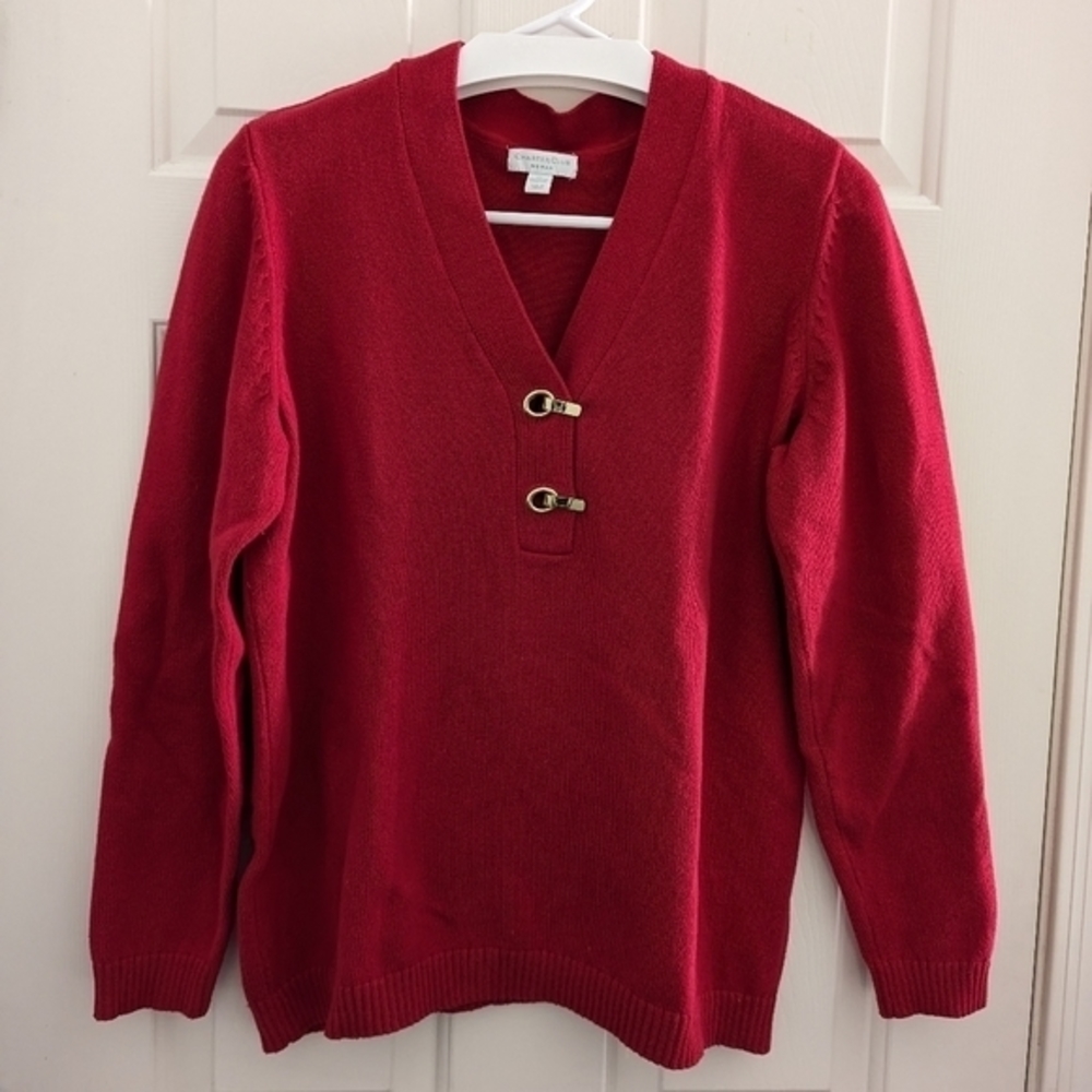 Charter Club Red Women's Sweater V Neck  Gold Grommet And Clasp Closures Size XL - Picture 3 of 9
